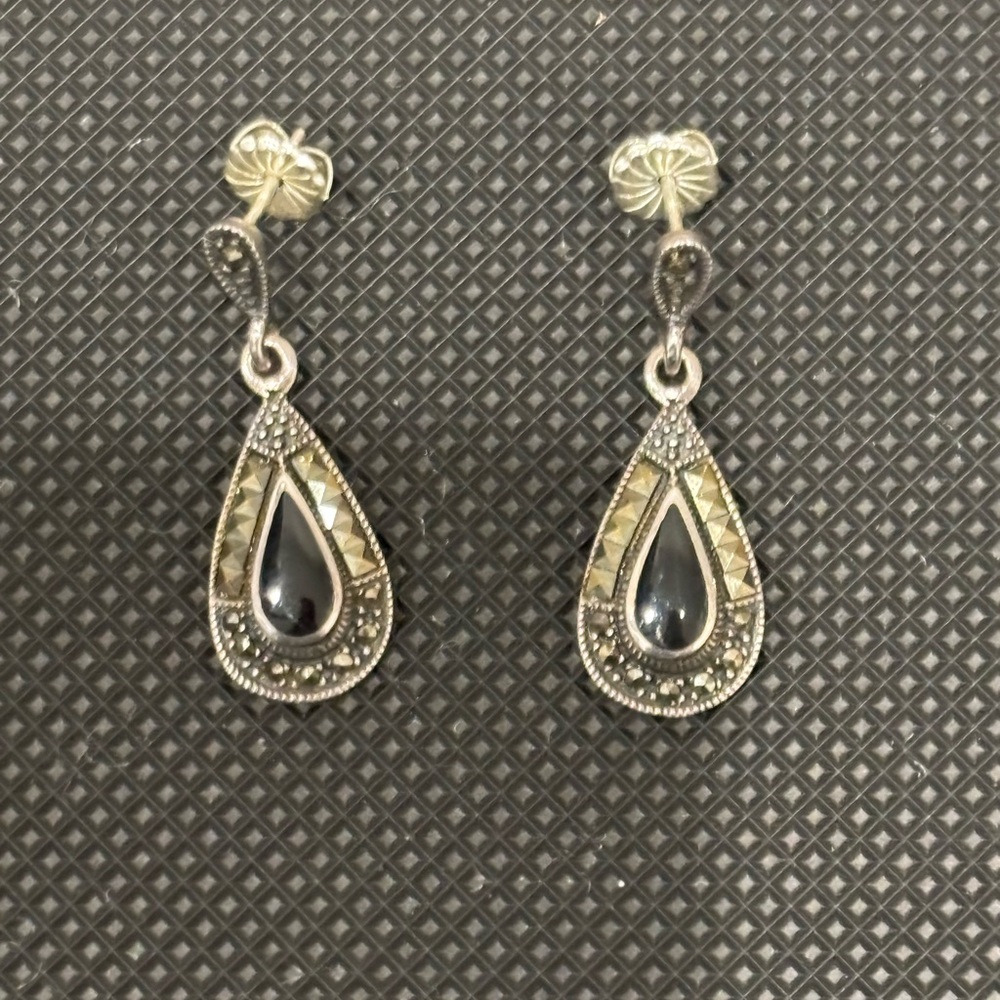 Sterling Silver & Marcasite Teardrop Dangle Earrings with Black Onyx
